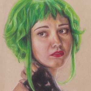 May include: A hand-drawn portrait of a person with bright green hair and a serious expression. The person is wearing a black lace glove on one hand.