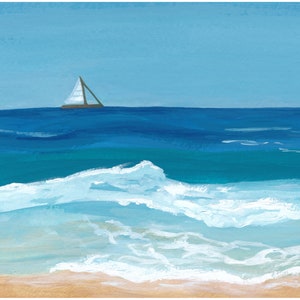 Peinture à l'aquarelle de voilier de l'Algarve avec vue sur l'océan.  Crashing Waves Portugal impression d'art 5 x 7 format carte postale. Décoration de plage moderne en mode vacances.