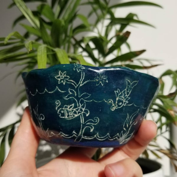 Underwater Themed Dark Greeny-Blue Handbuilt Sgraffito  Clay Bowl. Little Fishies and Turtles Pattern Small Rice Bowl or Trinkets Dish