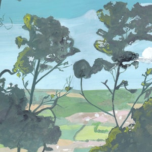 Acquerello con vedute panoramiche dalle cime degli alberi. Stampa d'arte portoghese. Illustrazione di viaggio Wanderlust di un paesaggio portoghese. Cartolina 13x18 cm.