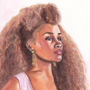 Young Whitney Houston Art Print.  Watercolor Portrait Painting. 80s Big Hair Don&#39;t Care.
