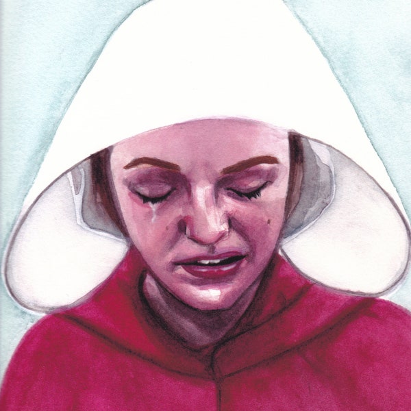 The Handmaid's Tale Watercolor Art Print of June Osborne, OfWarren, Elisabeth Moss.  Feminist Wall Art for handmaids tale fans.