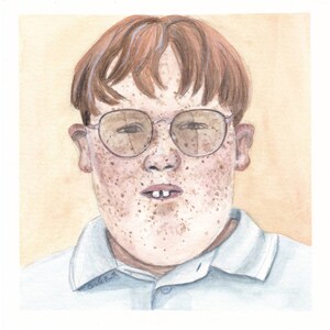 Freckled Boy Watercolor Painting Print: Vintage Style Kid with Glasses