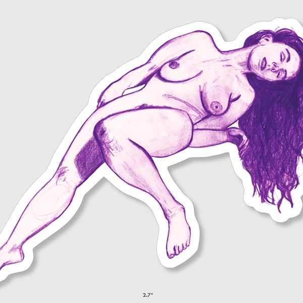 Purple Nude Female Figure Drawing.  Floating Woman with Long Purple Hair.  Holographic Feminist Art Vinyl Sticker