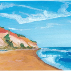 Algarve Malerischer Strand Portugal Kunstdruck.  Abbrechende Wellen Felsküste Aquarellmalerei. Urlaubs Mode Fernweh Seascape Prints