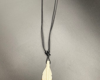 2” inch Bone carved feather pendant necklace with adjustable cord to fit all sizes