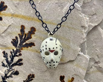 Jason Voorhees hockey mask Necklace, Black chain jewelry, Friday the 13th memorabilia movie collective