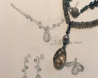 SOLD !  Handmade One of a kind Natural Labradorite Necklace with Pear Shaped Rutilated Quartz Pendant and Magnetic Clasp