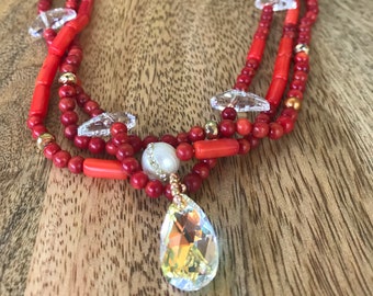 SOLD!Custom to Order Handmade Boho Chic Triple Strand Red Coral Necklace with Swarovski Crystals, Pearls and Magnetic Clasp. Price on demand