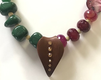 SOLD! Customer to order Balance - Semi-Precious Stones Necklace with Mahogany Leaf Pendant embellished with Swarovski Crystals.