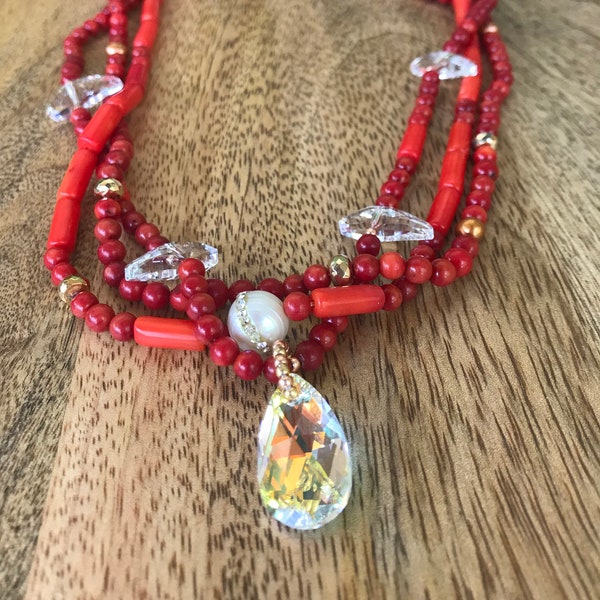 SOLD!Custom to Order Handmade Boho Chic Triple Strand Red Coral Necklace with Swarovski Crystals, Pearls and Magnetic Clasp. Price on demand