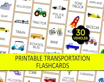 Transportation Flashcards | 30 Vehicles | Toddlers and Children Learning Activity | Instant PDF Download | A4 + 8.5" x 11" Sizes