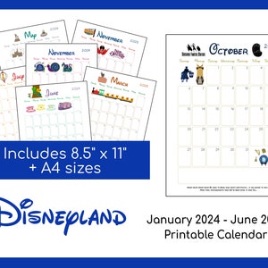 Disneyland Printable Calendar | January 2024 - June 2026 | Instant Download | PDF File | A4 and 8.5&quot;x11&quot; sizes