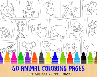 60 Simple Animal Coloring Pages | Instant PDF Download File | 11"x8.5" and A4 Sizes | Toddlers, Classroom, Homeschooling, Birthday Parties