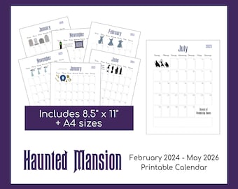 Haunted Mansion Printable Calendar | February 2024 - May 2026 | Instant Download | PDF File | A4 and 8.5"x11" sizes
