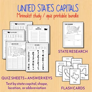 USA States and Capitals |  Minimalist Quiz Worksheets, Flash Cards, & Research Template  | Instant PDF Download | 8.5&quot;x11&quot;