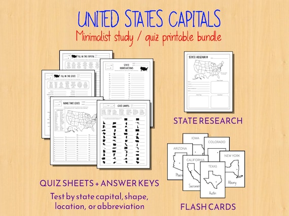 USA States and Capitals |  Minimalist Quiz Worksheets, Flash Cards, & Research Template  | Instant PDF Download | 8.5"x11"