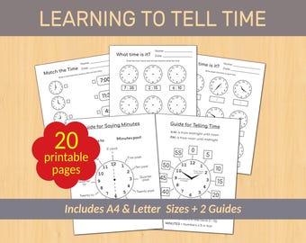 Telling Time Printable Worksheets | 18 Worksheets: Matching, Fill-in-the-Blank, Adding Hands | Instant PDF Download | A4 + 8.5" x 11" Sizes