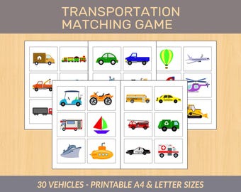 Printable Matching Transportation Game | 30 Vehicles | Classroom / Homeschool Activity | Instant PDF Download | A4 + 8.5" x 11" Sizes