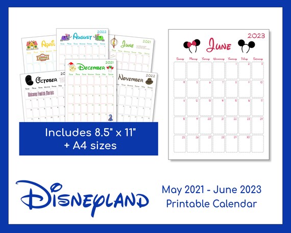 disneyland printable calendar may 2021 june 2023 instant etsy hong kong