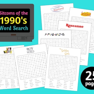 Può includere: Una raccolta di cruciverba con le sitcom popolari degli anni '90 come "Friends", "Seinfeld" e "Roseanne". L'immagine include una grafica TV retrò e un cerchio nero con la scritta "25 pagine!"
