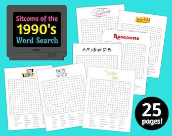 1990's Sitcoms Word Search | 25 Puzzles | Printable PDF File Only | Instant Download | 8.5"x11" and A4 Sizes Included