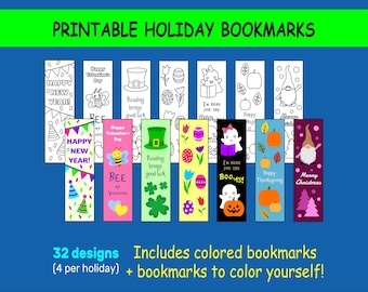 Printable Holiday Bookmarks | 32 Designs | Instant PDF Download | Color yourself or print out already colored