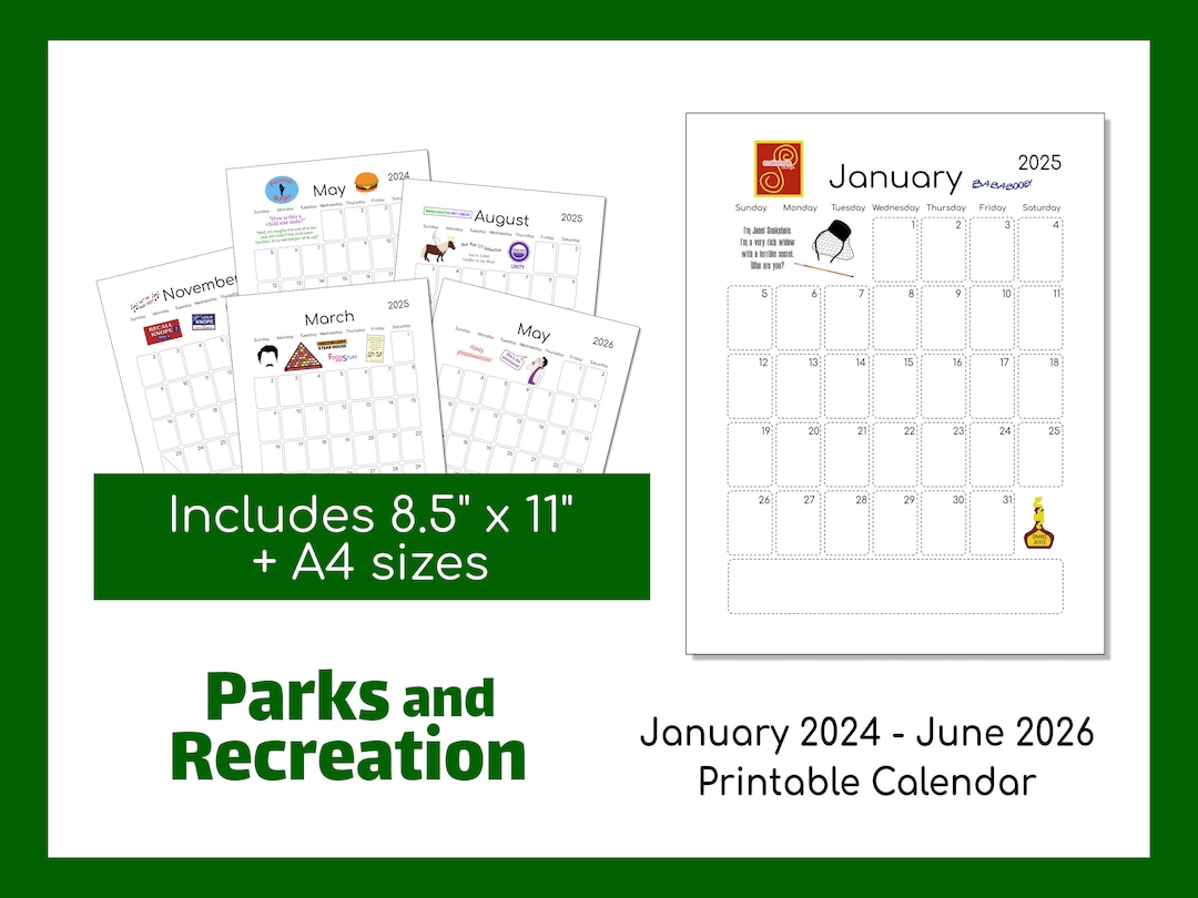 Parks & Recreation Printable Calendar January 2024 June 2026