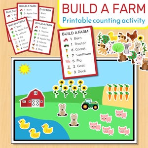 May include: A colorful educational farm-themed counting activity. The image features a barn, tractor, animals, and a list of items to count. The text "BUILD A FARM" is displayed prominently, along with various farm elements.