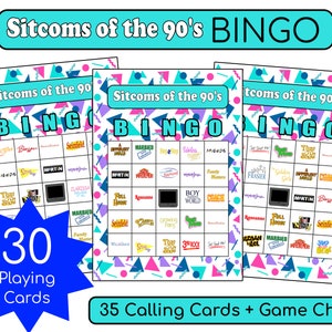 May include: A set of 3 bingo cards with a 90's sitcom theme. The cards are white with a colorful geometric pattern. Each card has a 5x5 grid with the word BINGO at the top. The squares contain the names of popular 90's sitcoms, such as Friends, Seinfeld, and Boy Meets World. There is a blue star with the text "30 Playing Cards" below the cards. The text "35 Calling Cards + Game Chips" is at the bottom of the image.