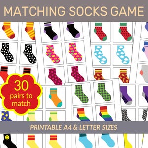 Printable Matching Socks Game | Classroom / Homeschool Activity | Memory / Matching Skills | Instant PDF Download | A4 + 8.5&quot; x 11&quot; Sizes