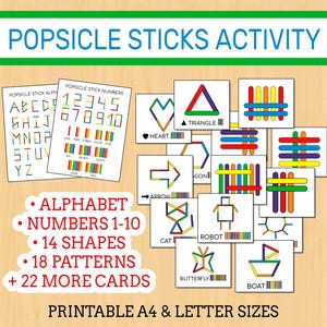 May include: Printable cards featuring alphabet letters, numbers 1-10, shapes, and patterns. The cards are designed to be used with popsicle sticks for a fun and educational activity. The cards are printed in bright colors and feature a variety of designs.
