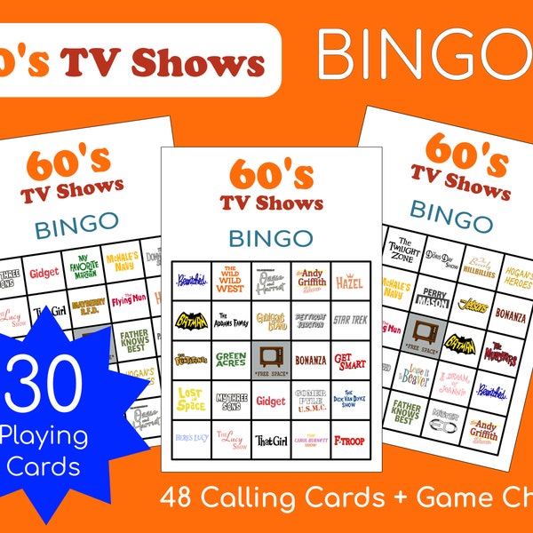 1960'S TV Shows Bingo | 30 Cards | Printable PDF File Only | Instant Download | 8.5"x11" and A4 Sizes Included