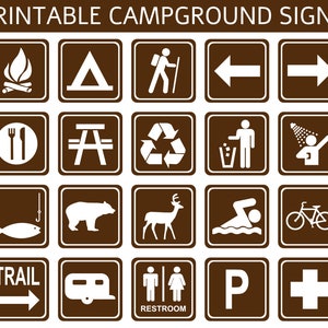 Campground Recreation Signs, Brown | 8&quot; Squares | 20 Images | Digital Files Only |  Instant PDF Download | A4 & 8.5&quot; x 11&quot; Page Sizes