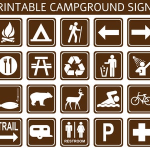 Campground Recreation Signs, Brown | 8" Squares | 20 Images | Digital Files Only |  Instant PDF Download | A4 & 8.5" x 11" Page Sizes