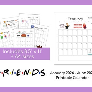 Friends Printable Calendar | January 2024 - June 2026 | Instant Download | PDF File | A4 and 8.5&quot;x11&quot; sizes