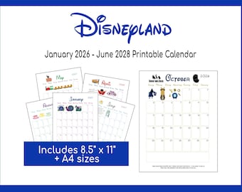 Disneyland Printable Calendar | January 2026 - June 2028 | Instant Download | PDF File | A4 and 8.5"x11" sizes