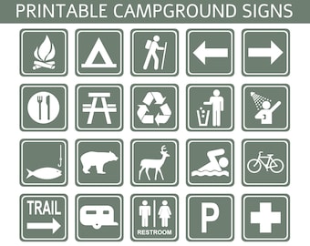 Campground Recreation Signs, Sage | 8" Squares | 20 Images | Digital Files Only |  Instant PDF Download | A4 & 8.5" x 11" Page Sizes