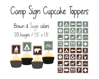 Campground Recreation Cupcake Toppers | Brown + Sage | 1.5&quot; x 1.5&quot; | 20 Images / 60 Toppers | Digital Files Only |  Instant PDF