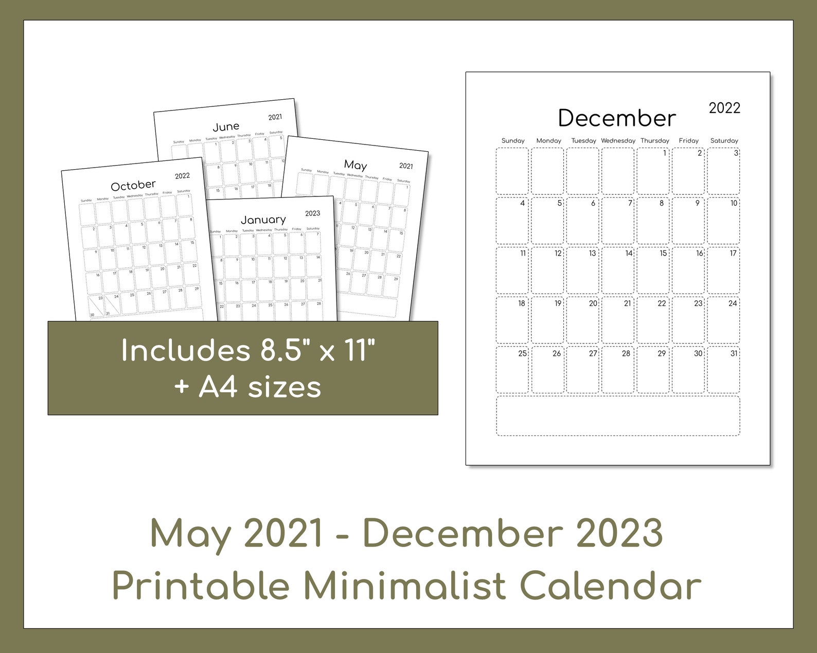 Minimalist 2023 Calendar Printable Calendar May 2021 December 2023 Minimalist Etsy