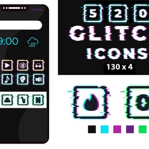 520 Glitch Effect round Icons, iPhone IOS 18 ( IOS 17 ,16,15,14 ...) App Icons Pack. Social Media, ios Icons, Techno icons, distort icons