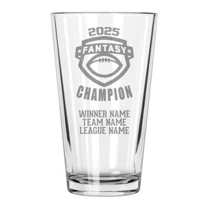 May include: Clear glass pint glass with a football-themed design. The glass features the text "2025 FANTASY CHAMPION" and space for winner, team, and league names. Ideal for sports fans.