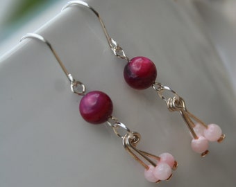 Raspberry, pink and silver drop earrings