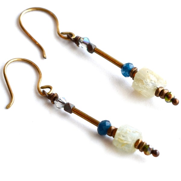 Aquamarine and Brass Artisan Earrings for Women Freshwater Pearls