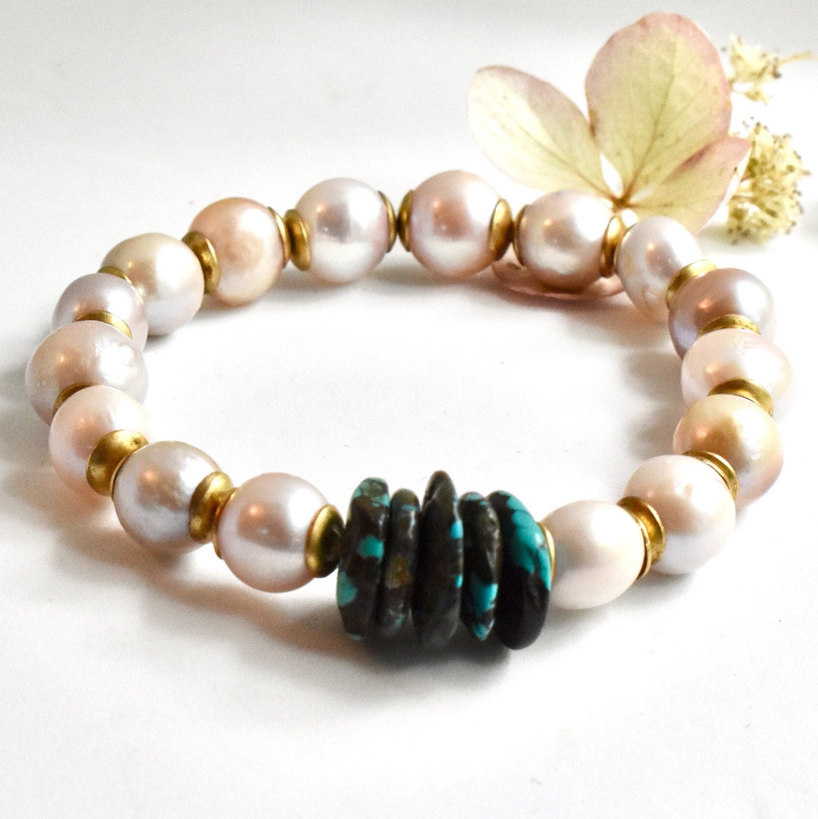 Raw Turquoise Loves Blush Freshwater Pearls Stretch Bracelet - Etsy