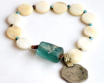 Roman Glass Bracelet with Vintage Coin Charm, Sundance Inspired Jewelry for Women