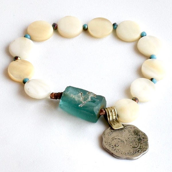 Roman Glass Bracelet with Vintage Coin Charm, Sundance Inspired Jewelry for Women