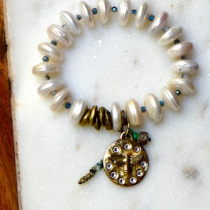Vintage Rhinestone Bee Charm and Rondelle Pearl Stretch Bracelet