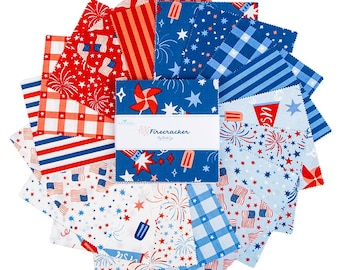 Firecracker, 5" Charm Pack, Patriotic Quilting Cotton Fabric Squares, My Mind's Eye for Riley Blake Designs