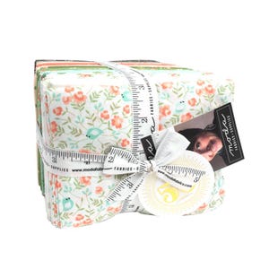 May include: A stack of 10 fat quarters of fabric featuring a white background with a floral pattern and small blue birds. The fabric is tied with a white ribbon and a measuring tape. The fabric is labeled "moda fabrics - supplies".